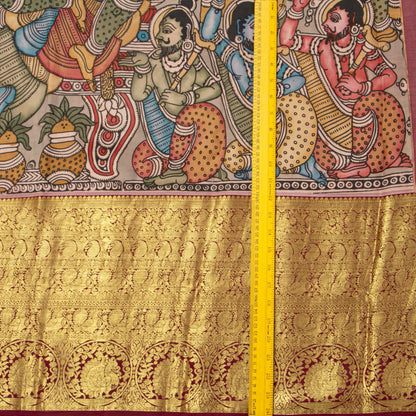 Ram Darbar Themed Handpainted Kalamkari Kanchipuram Silk Saree PV KAI KK 101