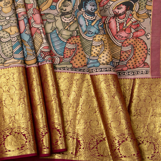 Ram Darbar Themed Handpainted Kalamkari Kanchipuram Silk Saree PV KAI KK 101