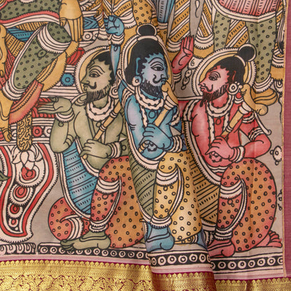 Ram Darbar Themed Handpainted Kalamkari Kanchipuram Silk Saree PV KAI KK 101