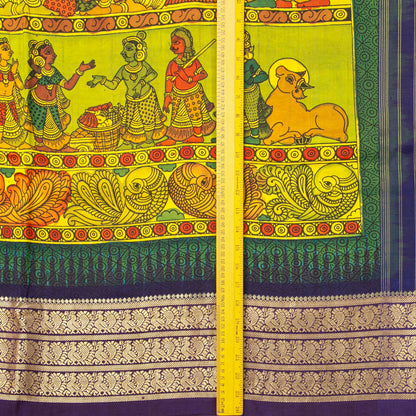 Royal Wedding Themed Handpainted Kalamkari Kanchipuram Silk Saree With Ikkat Pallu For Festive Wear PV KAI IKS 102