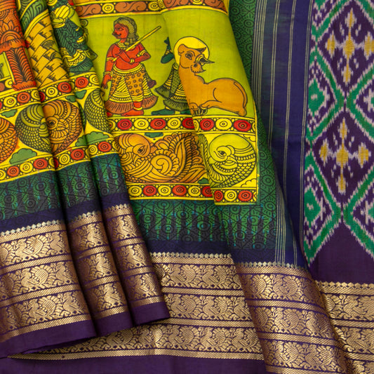 Royal Wedding Themed Handpainted Kalamkari Kanchipuram Silk Saree With Ikkat Pallu For Festive Wear PV KAI IKS 102
