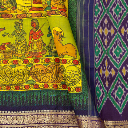 Royal Wedding Themed Handpainted Kalamkari Kanchipuram Silk Saree With Ikkat Pallu For Festive Wear PV KAI IKS 102