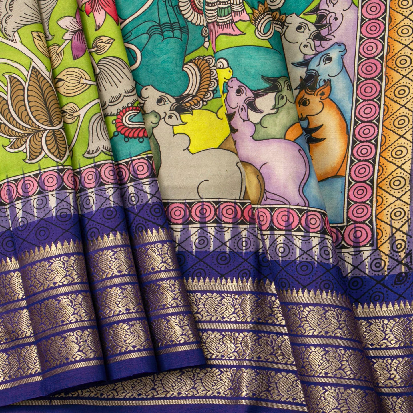Maha Vishnu Themed Handpainted Kalamkari Kanchipuram Silk Saree For Festive Wear PV KAI IKS 104