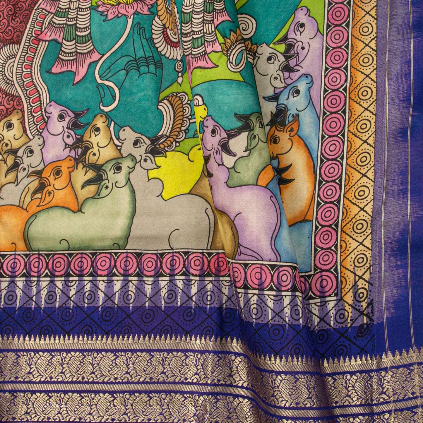 Maha Vishnu Themed Handpainted Kalamkari Kanchipuram Silk Saree For Festive Wear PV KAI IKS 104