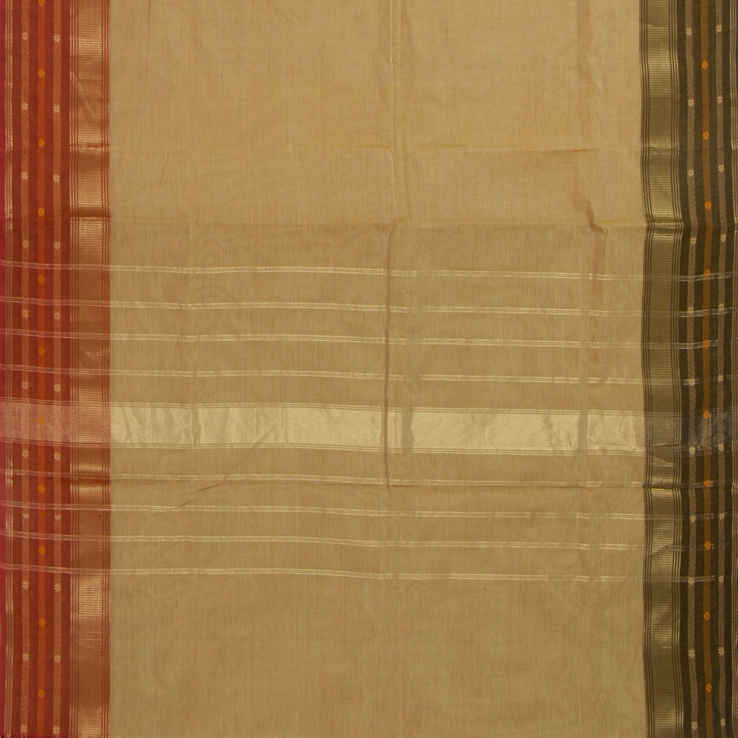 Beige, Olive And Rust Kanchi Cotton Saree With Ganga Jamuna Border For Office Wear PV MM KC 349