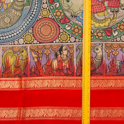 Krishna Leela Themed Handpainted Kalamkari Kanchipuram Silk Saree With Ikkat Pallu For Office Wear PV KAI IKS 101
