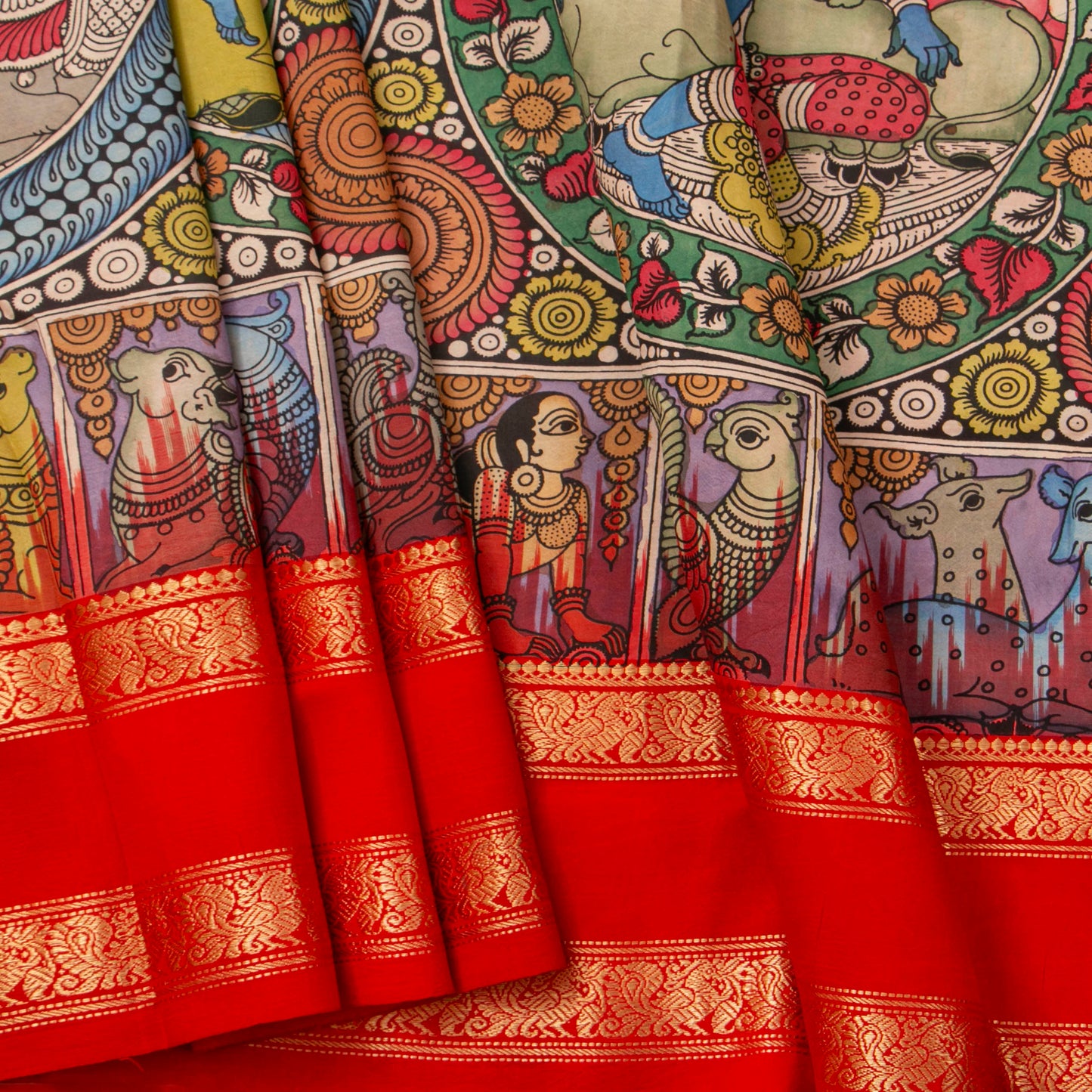 Krishna Leela Themed Handpainted Kalamkari Kanchipuram Silk Saree With Ikkat Pallu For Office Wear PV KAI IKS 101