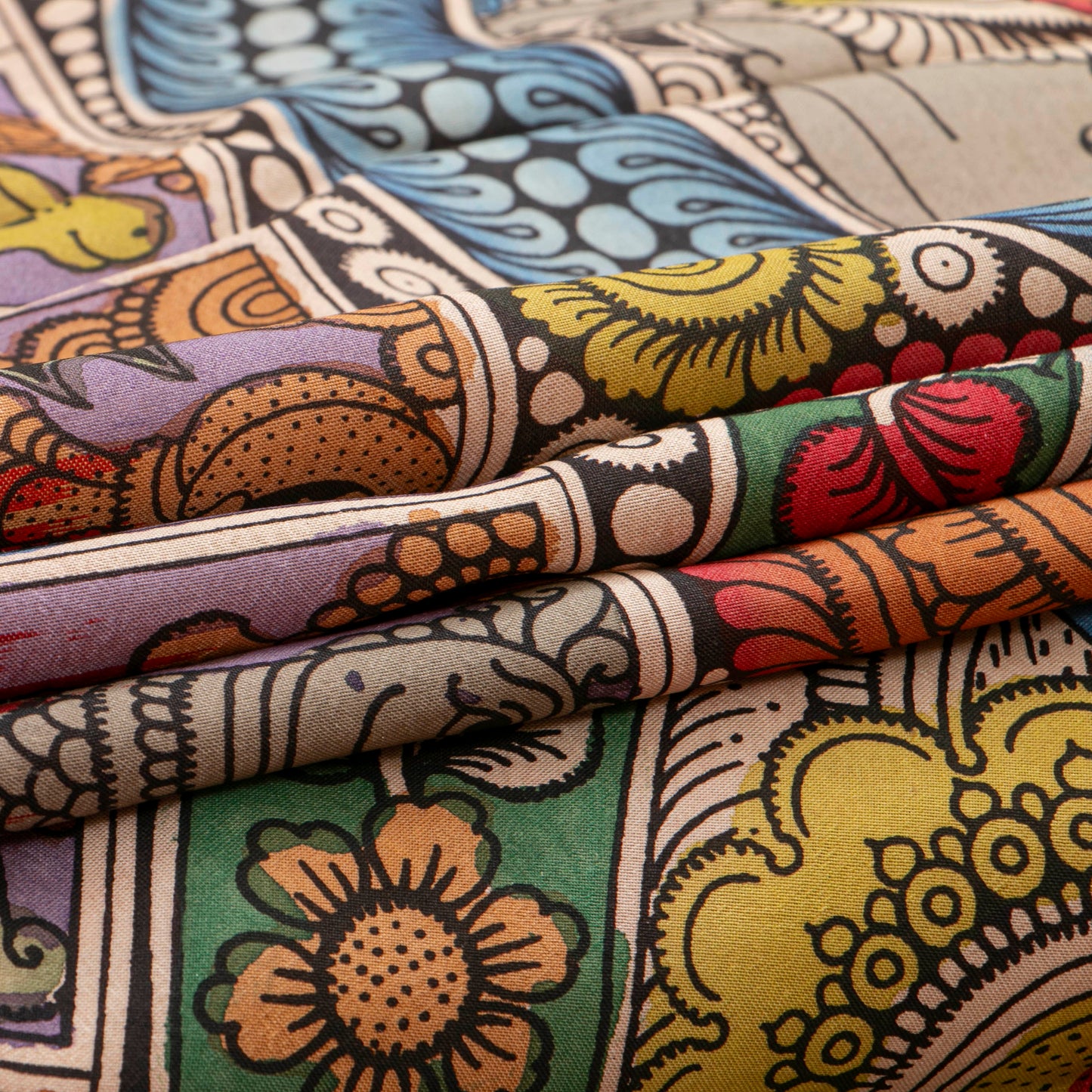 Krishna Leela Themed Handpainted Kalamkari Kanchipuram Silk Saree With Ikkat Pallu For Office Wear PV KAI IKS 101
