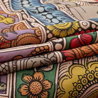 Krishna Leela Themed Handpainted Kalamkari Kanchipuram Silk Saree With Ikkat Pallu For Office Wear PV KAI IKS 101