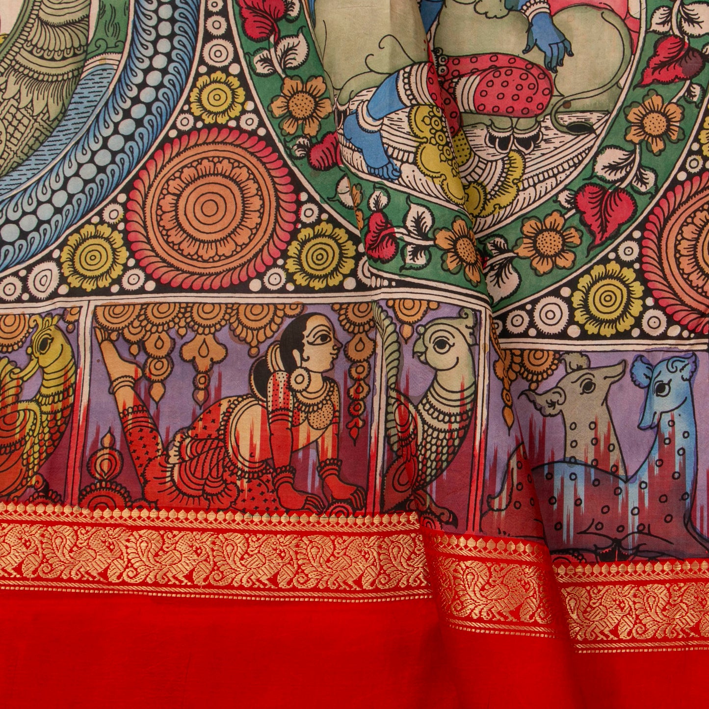 Krishna Leela Themed Handpainted Kalamkari Kanchipuram Silk Saree With Ikkat Pallu For Office Wear PV KAI IKS 101