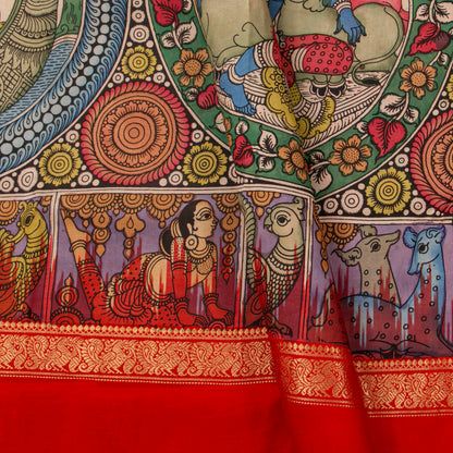 Krishna Leela Themed Handpainted Kalamkari Kanchipuram Silk Saree With Ikkat Pallu For Office Wear PV KAI IKS 101