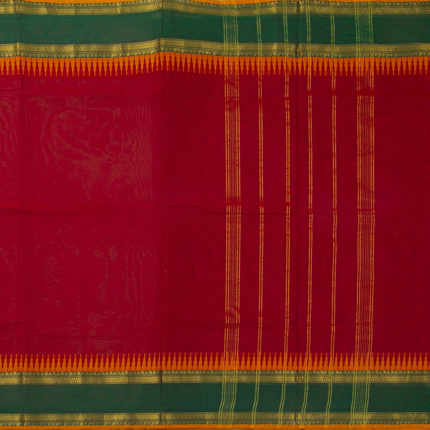 Red And Green Kanchi Cotton Saree With A Temple Border For Festive Wear PV MM KC 338
