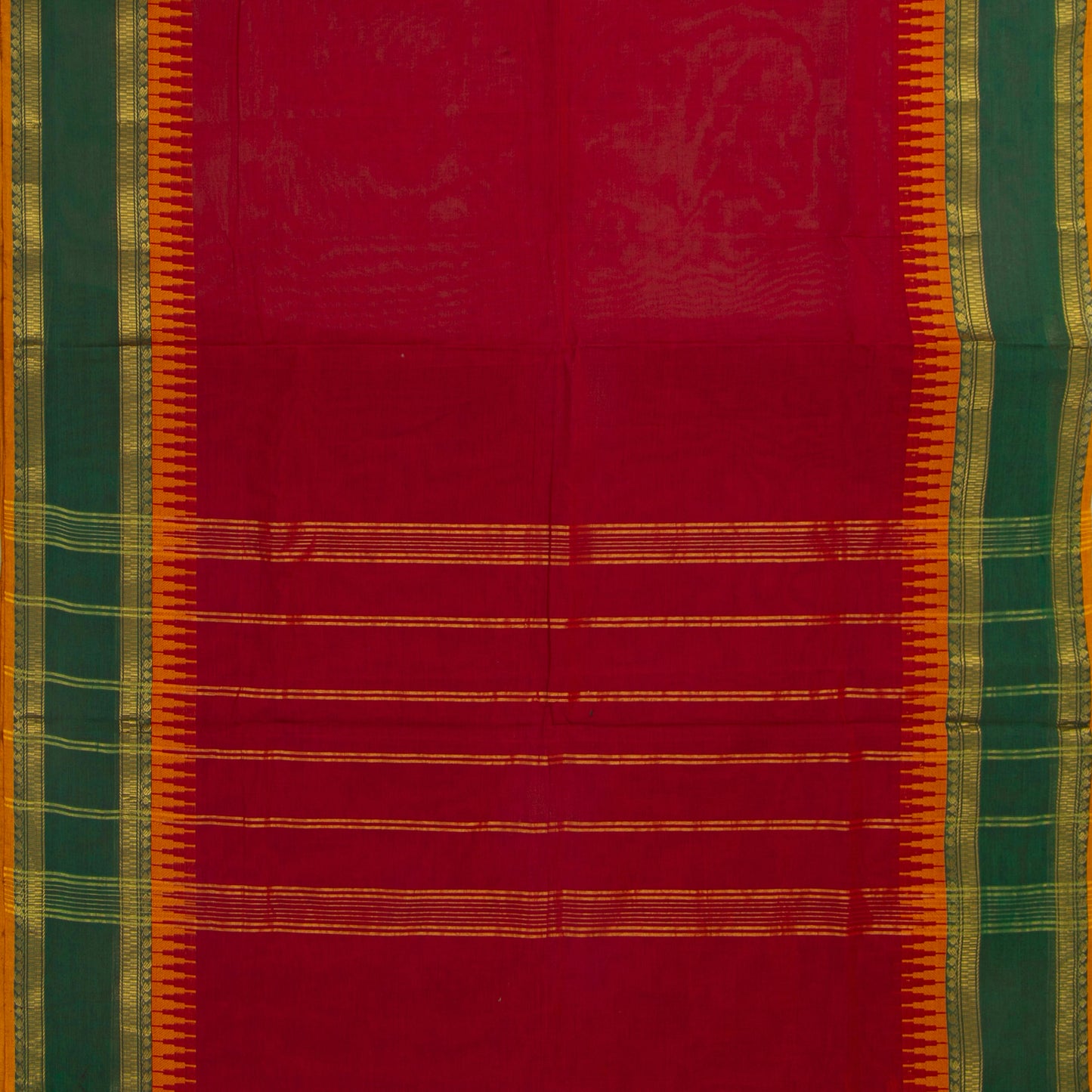 Red And Green Kanchi Cotton Saree With A Temple Border For Festive Wear PV MM KC 338