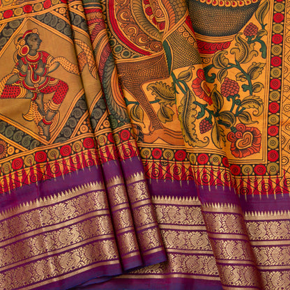 Radha And Krishna Themed Handpainted Kalamkari Kanchipuram Silk Saree For Festive Wear PV KAI IKS 103