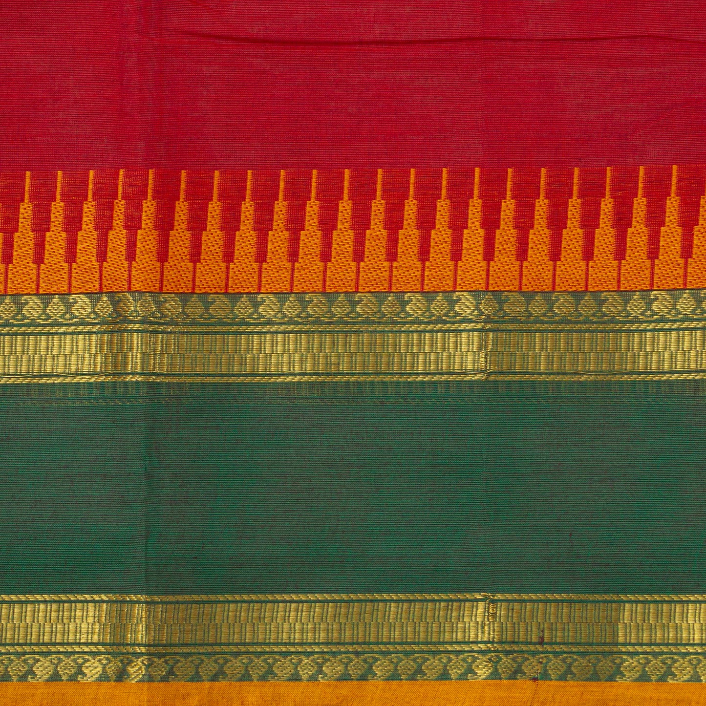 Red And Green Kanchi Cotton Saree With A Temple Border For Festive Wear PV MM KC 338