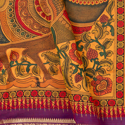 Radha And Krishna Themed Handpainted Kalamkari Kanchipuram Silk Saree For Festive Wear PV KAI IKS 103