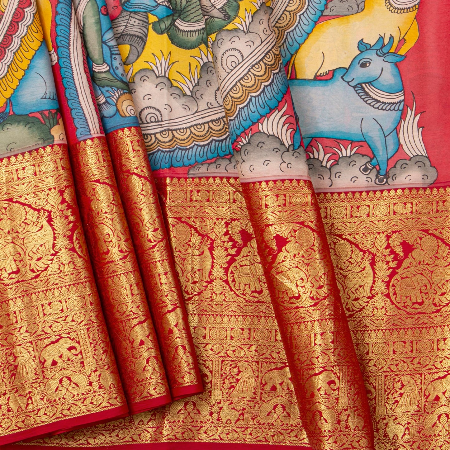 Tree Of Life Themed Handpainted Kalamkari Kanchipuram Silk Saree For Festive Wear PV SRK KK 111