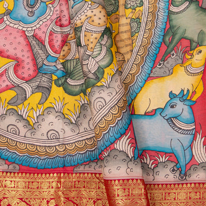 Tree Of Life Themed Handpainted Kalamkari Kanchipuram Silk Saree For Festive Wear PV SRK KK 111