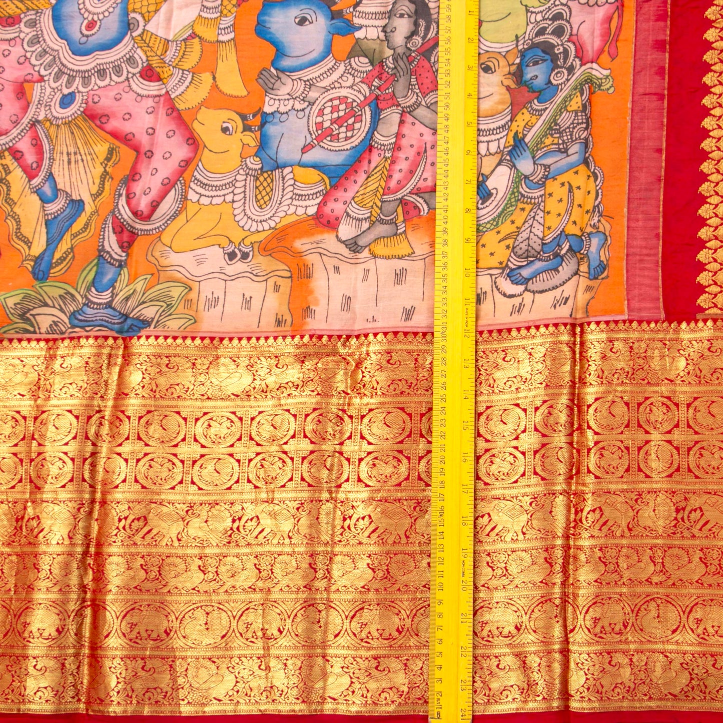 Maha Rasa Leela Themed Handpainted Kalamkari Kanchipuram Silk Saree in Orange And Red For Festive Wear PV SRK KK 112