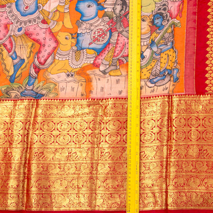 Maha Rasa Leela Themed Handpainted Kalamkari Kanchipuram Silk Saree in Orange And Red For Festive Wear PV SRK KK 112