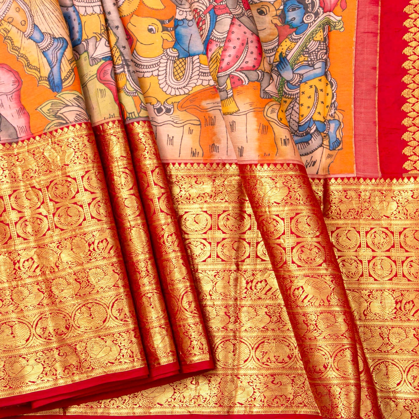 Maha Rasa Leela Themed Handpainted Kalamkari Kanchipuram Silk Saree in Orange And Red For Festive Wear PV SRK KK 112