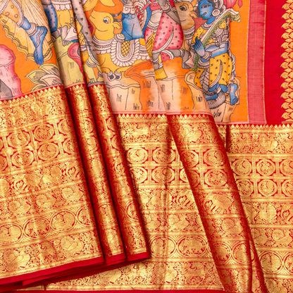 Maha Rasa Leela Themed Handpainted Kalamkari Kanchipuram Silk Saree in Orange And Red For Festive Wear PV SRK KK 112