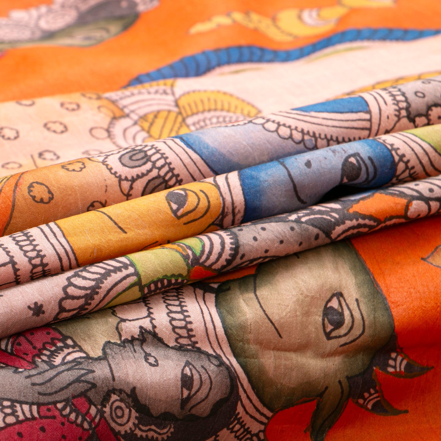 Maha Rasa Leela Themed Handpainted Kalamkari Kanchipuram Silk Saree in Orange And Red For Festive Wear PV SRK KK 112