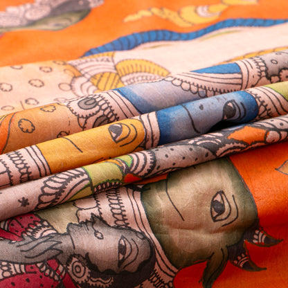 Maha Rasa Leela Themed Handpainted Kalamkari Kanchipuram Silk Saree in Orange And Red For Festive Wear PV SRK KK 112