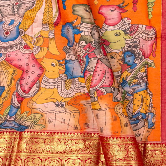 Maha Rasa Leela Themed Handpainted Kalamkari Kanchipuram Silk Saree in Orange And Red For Festive Wear PV SRK KK 112