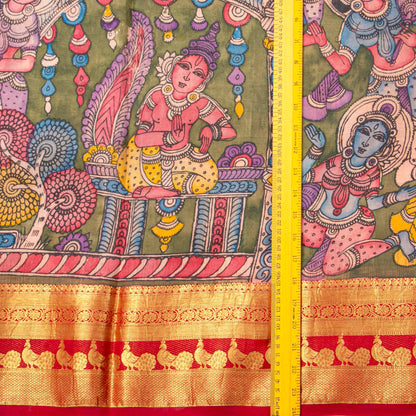 Ajantha Sculpture Themed Handpainted Kalamkari Kanchipuram Silk Saree For Office Wear PV SRK KK 113
