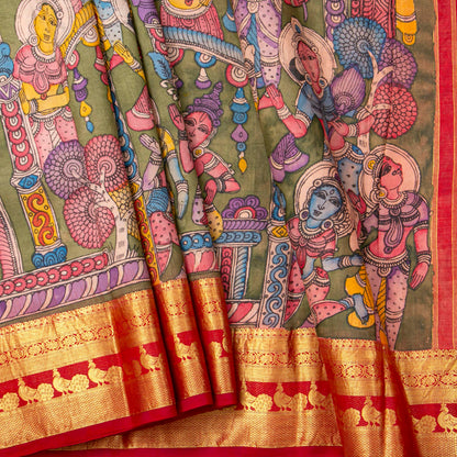 Ajantha Sculpture Themed Handpainted Kalamkari Kanchipuram Silk Saree For Office Wear PV SRK KK 113