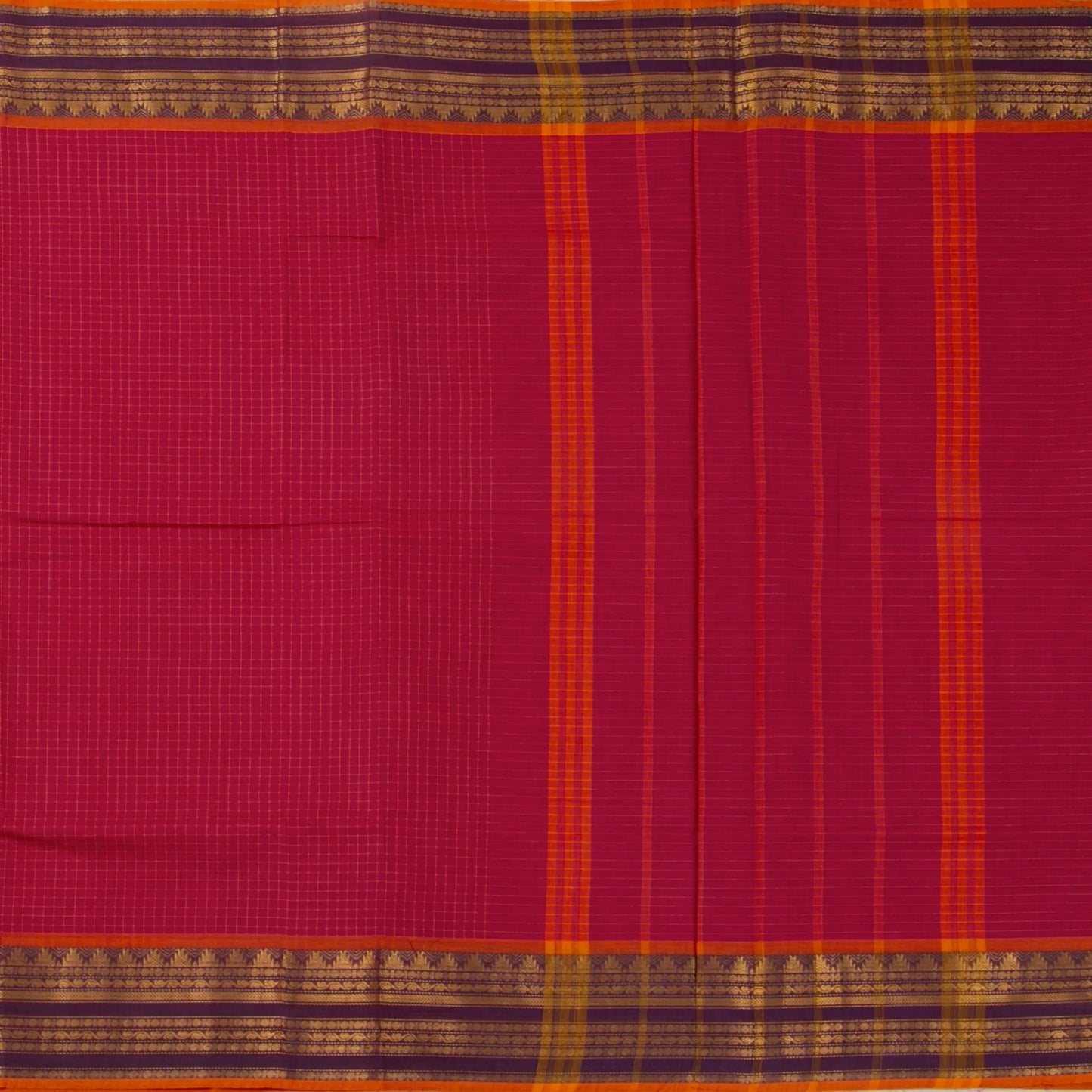 Scarlet Red And Mauve Kanchi Cotton Saree With Zari For Festive Wear PV MM KC 380 - Cotton Saree - Panjavarnam PV MM KC 380