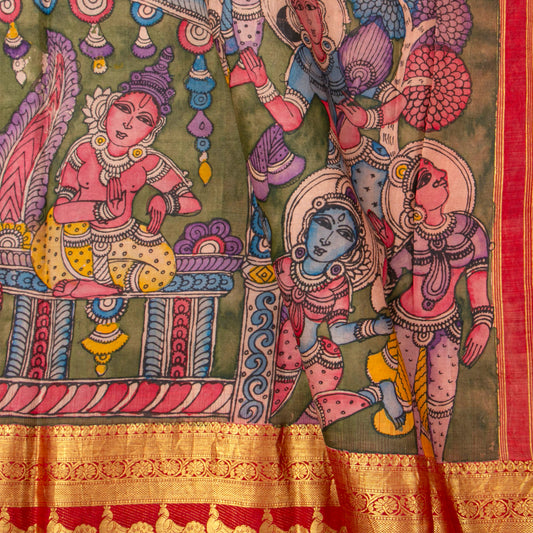 Ajantha Sculpture Themed Handpainted Kalamkari Kanchipuram Silk Saree For Office Wear PV SRK KK 113