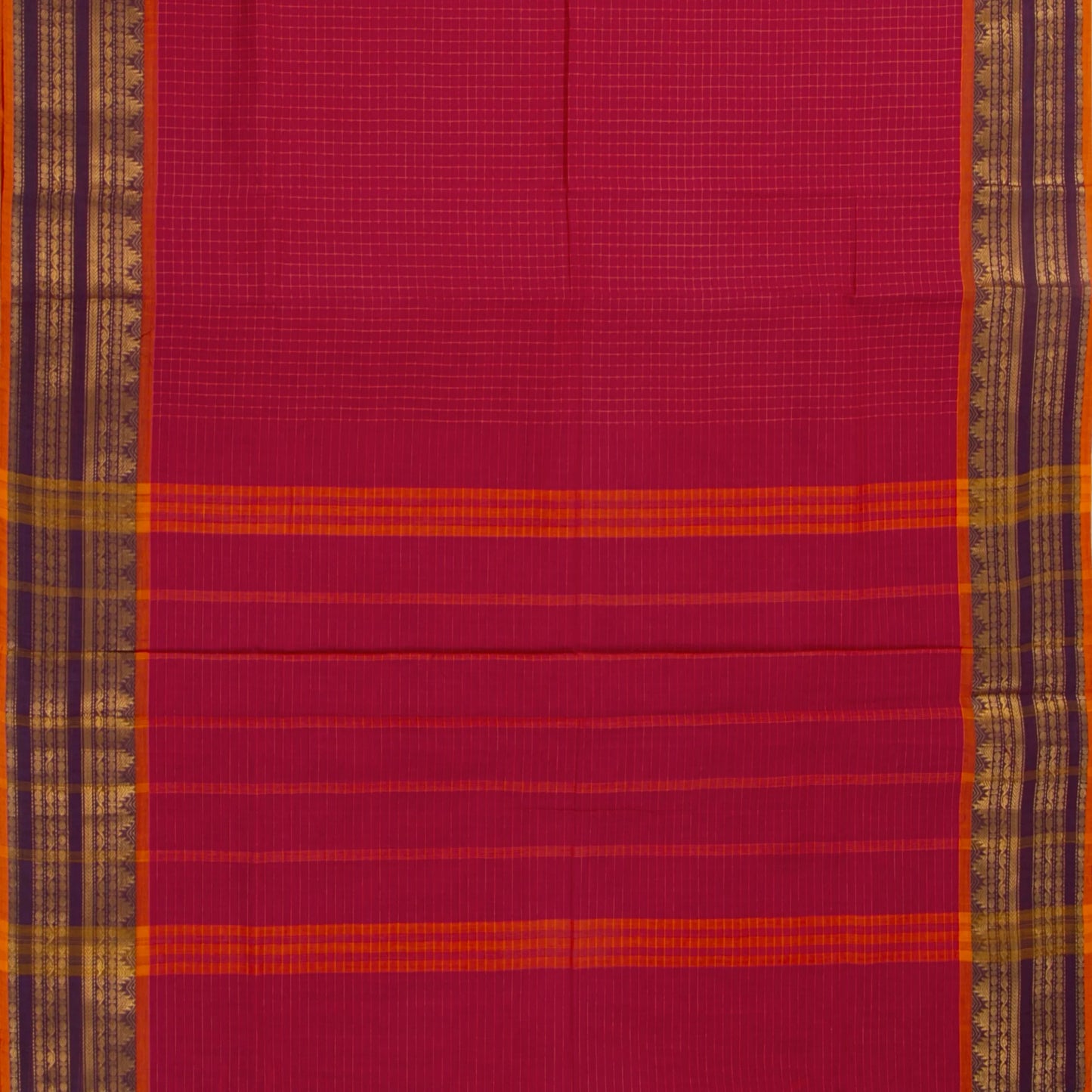 Scarlet Red And Mauve Kanchi Cotton Saree With Zari For Festive Wear PV MM KC 380 - Cotton Saree - Panjavarnam PV MM KC 380