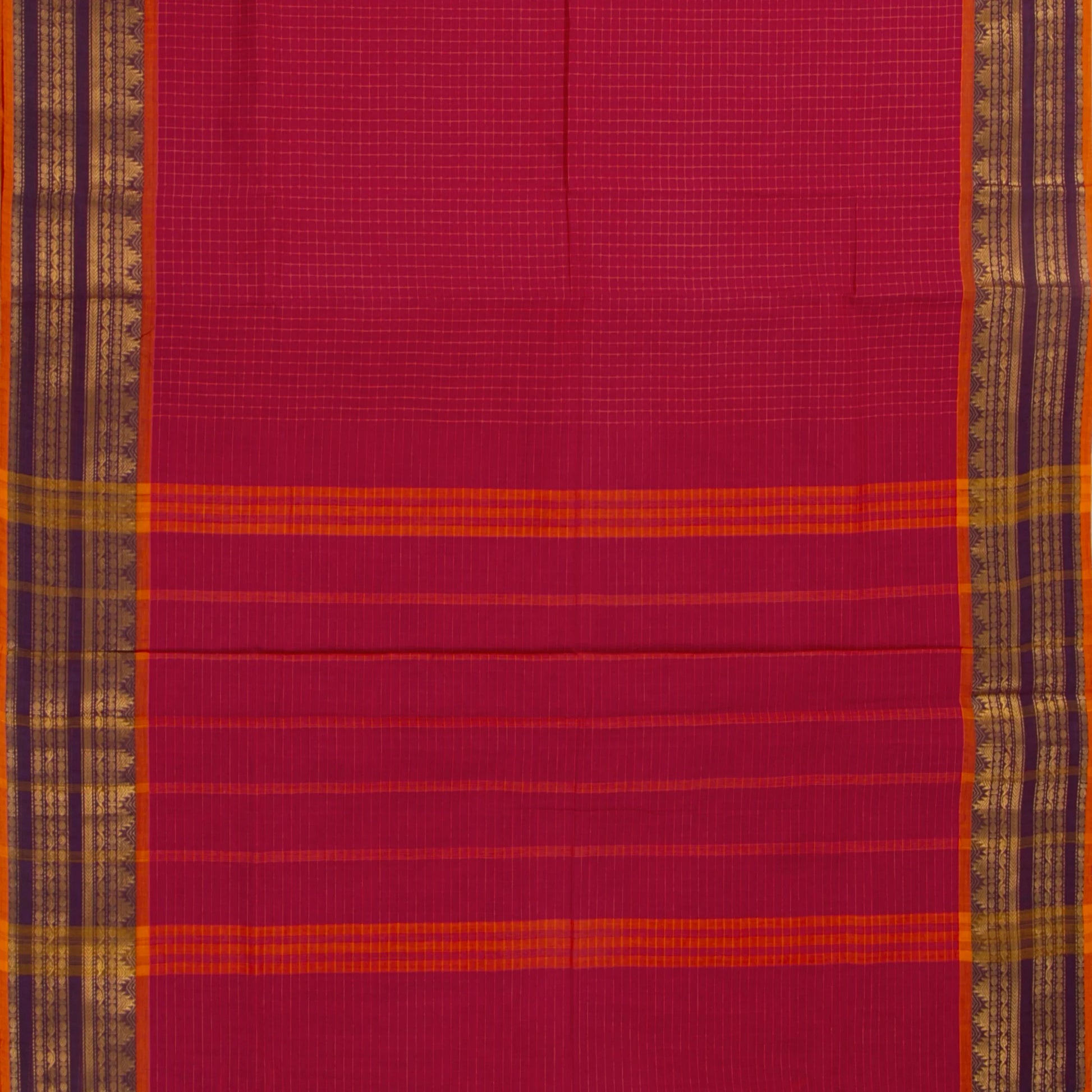 Scarlet Red And Mauve Kanchi Cotton Saree With Zari For Festive Wear PV MM KC 380 - Cotton Saree - Panjavarnam PV MM KC 380