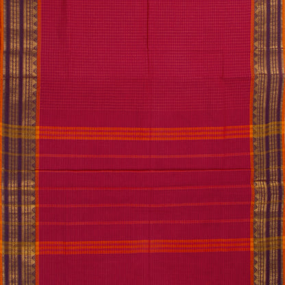 Scarlet Red And Mauve Kanchi Cotton Saree With Zari For Festive Wear PV MM KC 380 - Cotton Saree - Panjavarnam PV MM KC 380