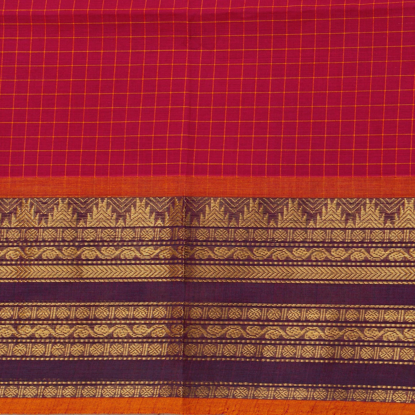 Scarlet Red And Mauve Kanchi Cotton Saree With Zari For Festive Wear PV MM KC 380 - Cotton Saree - Panjavarnam PV MM KC 380