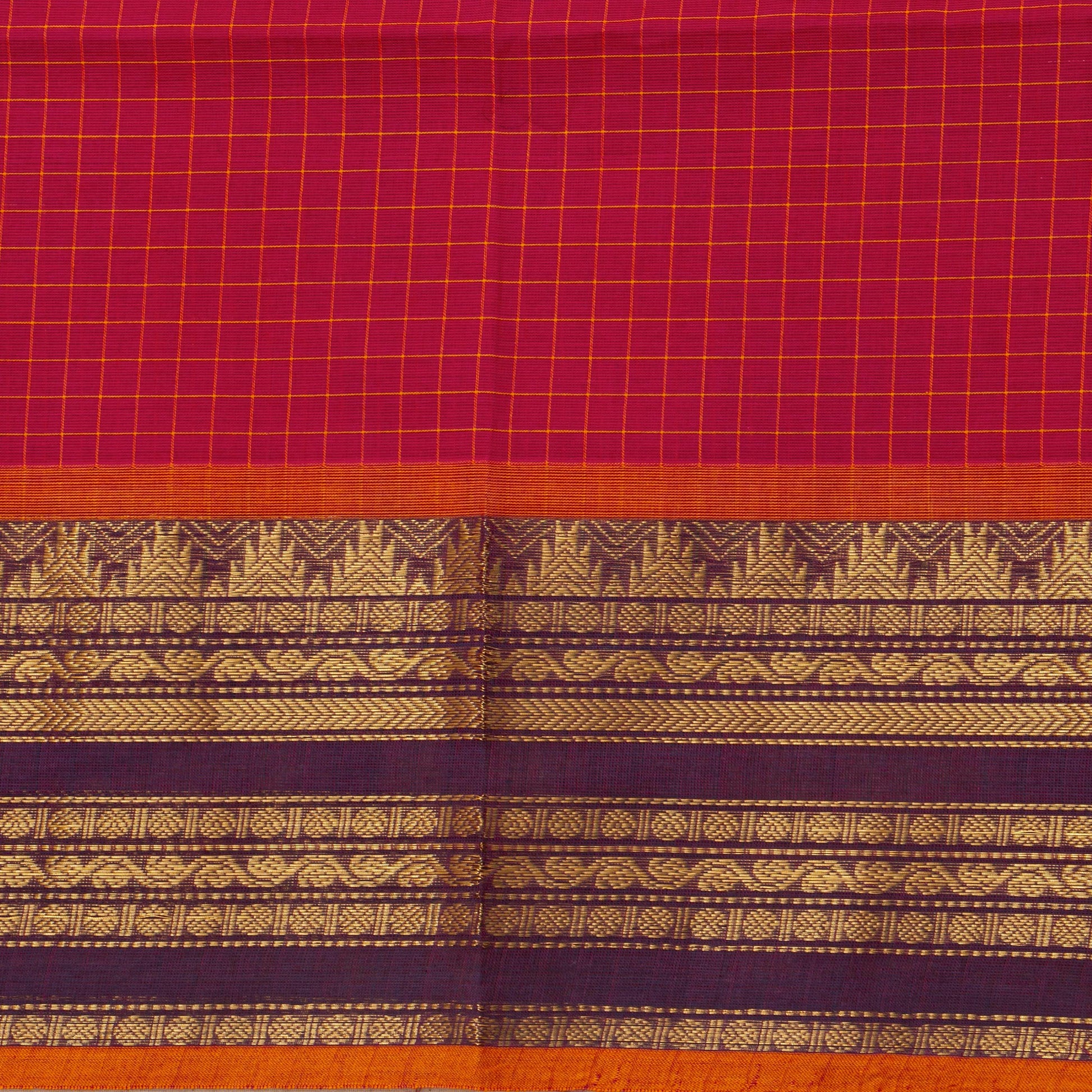 Scarlet Red And Mauve Kanchi Cotton Saree With Zari For Festive Wear PV MM KC 380 - Cotton Saree - Panjavarnam PV MM KC 380