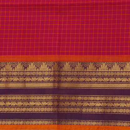 Scarlet Red And Mauve Kanchi Cotton Saree With Zari For Festive Wear PV MM KC 380 - Cotton Saree - Panjavarnam PV MM KC 380