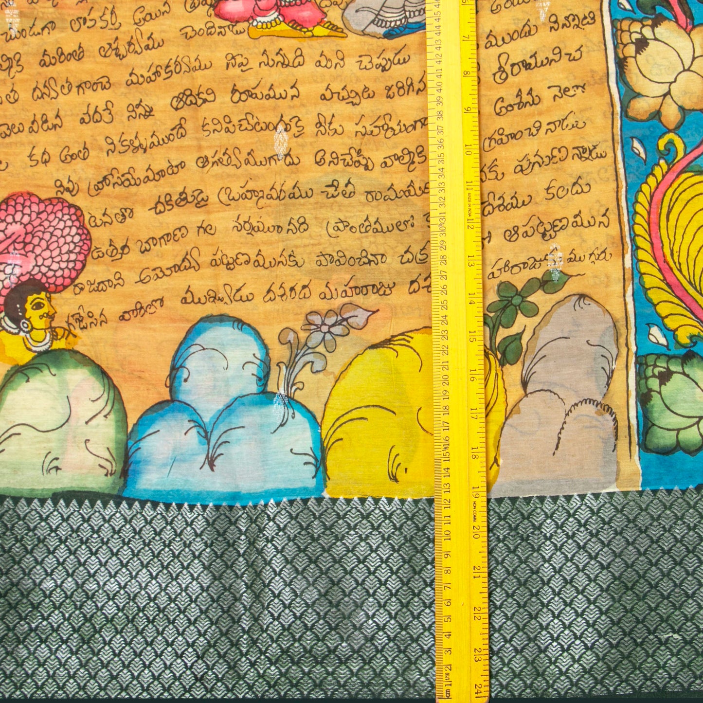 Yellow Ochre Handpainted Kalamkari Mangalgiri Silk Saree With Ramayan Script For Festive Wear PK MS 82
