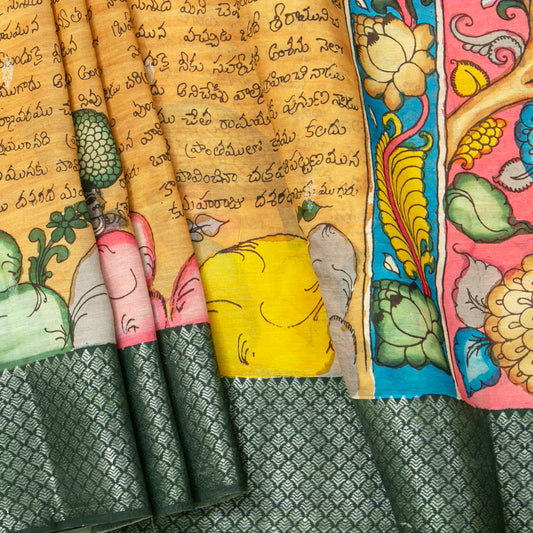 Yellow Ochre Handpainted Kalamkari Mangalgiri Silk Saree With Ramayan Script For Festive Wear PK MS 82