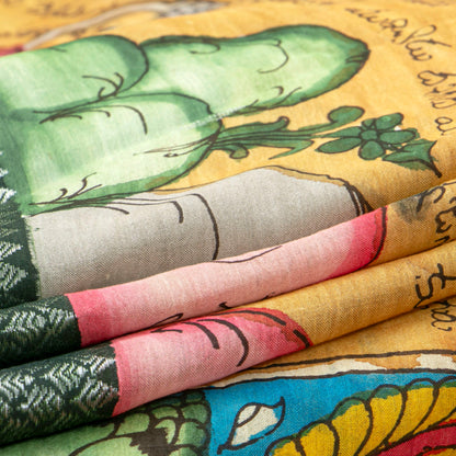 Yellow Ochre Handpainted Kalamkari Mangalgiri Silk Saree With Ramayan Script For Festive Wear PK MS 82