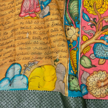 Yellow Ochre Handpainted Kalamkari Mangalgiri Silk Saree With Ramayan Script For Festive Wear PK MS 82