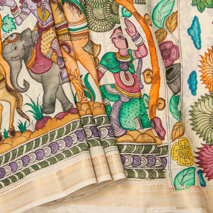Off White Handpainted Kalamkari Mangalgiri Silk Saree For Office Wear PK MS 84