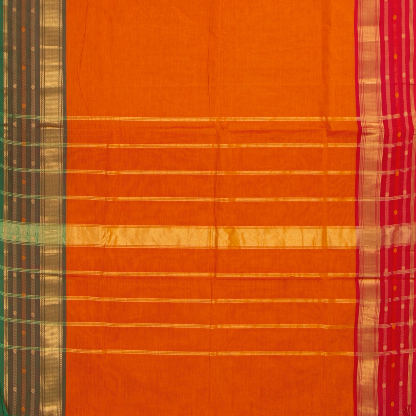 Orange And Olive Green Kanchi Cotton Saree With Ganga Jamuna Border For Festive Wear PV MM KC 346