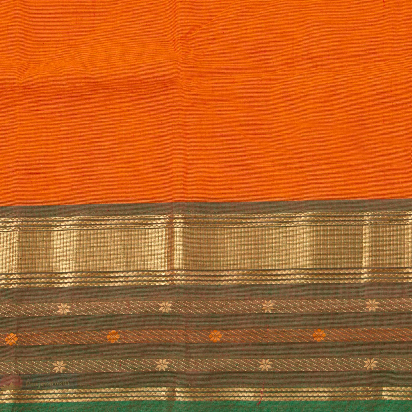 Orange And Olive Green Kanchi Cotton Saree With Ganga Jamuna Border For Festive Wear PV MM KC 346
