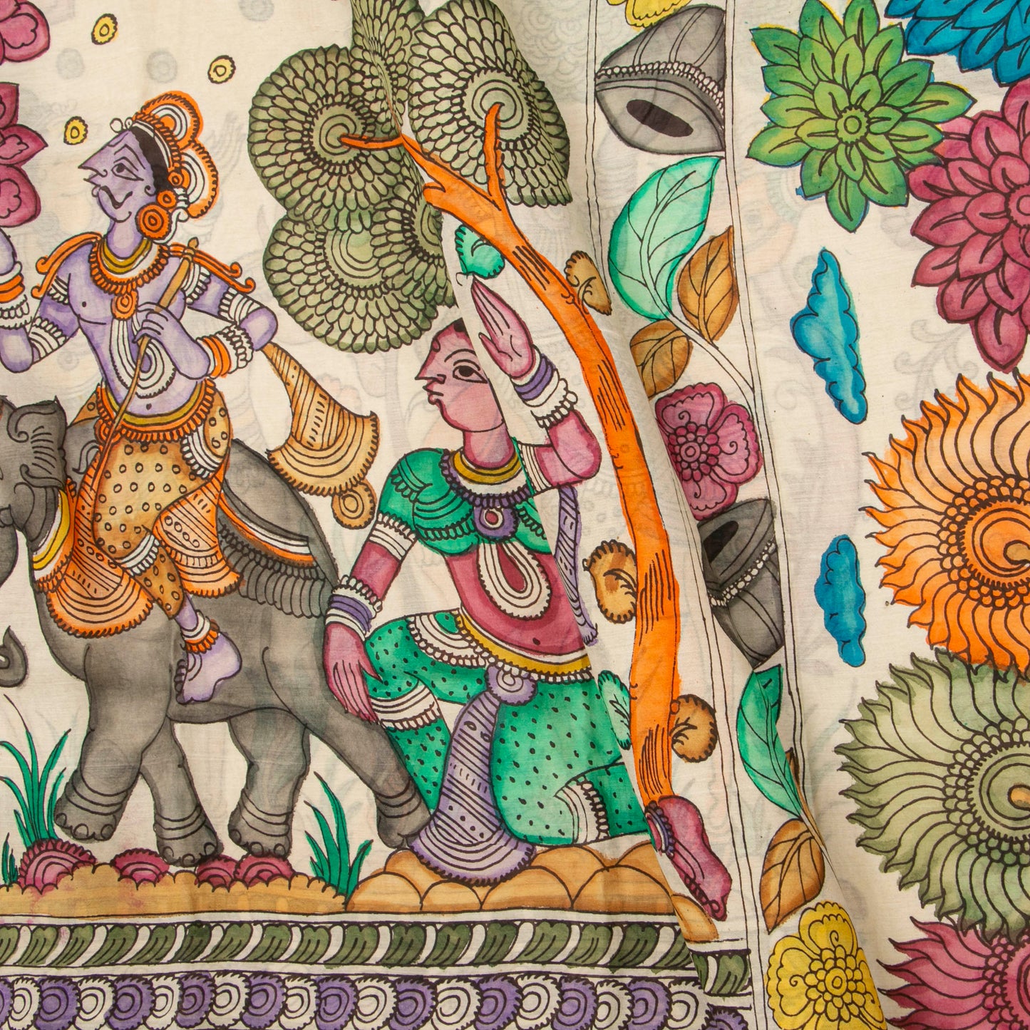 Off White Handpainted Kalamkari Mangalgiri Silk Saree For Office Wear PK MS 84