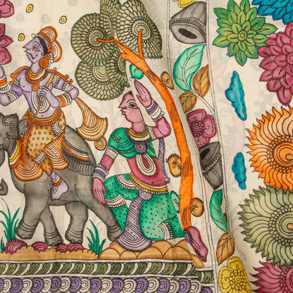 Off White Handpainted Kalamkari Mangalgiri Silk Saree For Office Wear PK MS 84