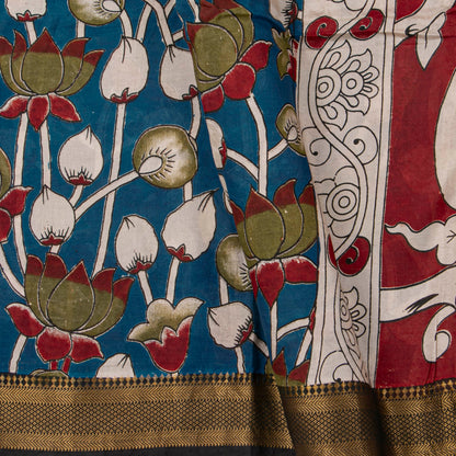 Blue Handpainted Kalamkari Mangalgiri Silk Saree For Office Wear PV MG 115