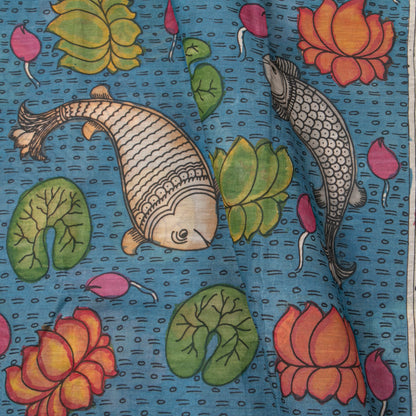 Blue Handpainted Kalamkari Mangalgiri Silk Saree PV KMS SRK 102